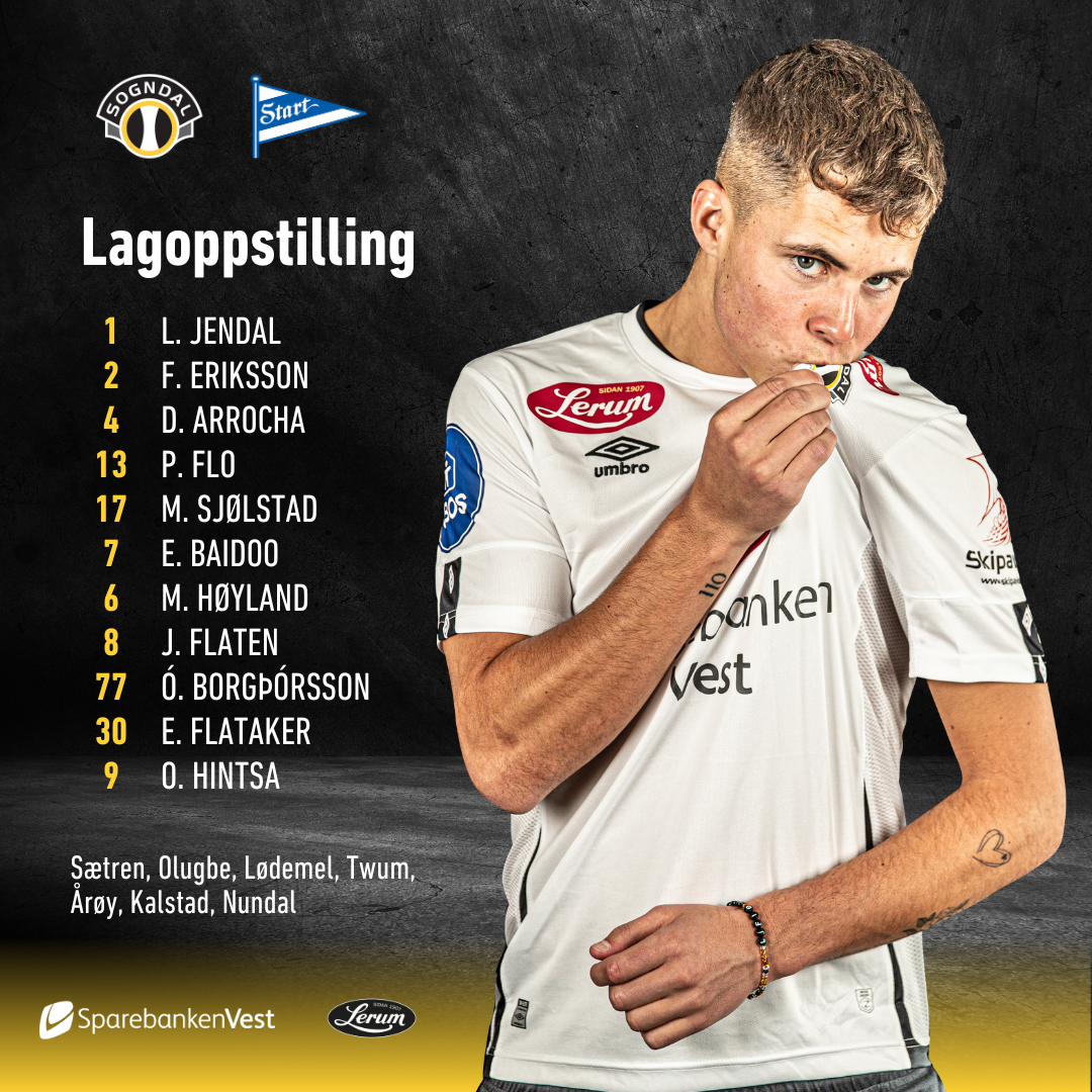 Grafikk som viser lagoppstillinga til Sogndal i kampen mot Start. Namna og nummera står til venstre, og på høgresida er det eit bilete av Oskar Borgthorsson som kyssar logoen